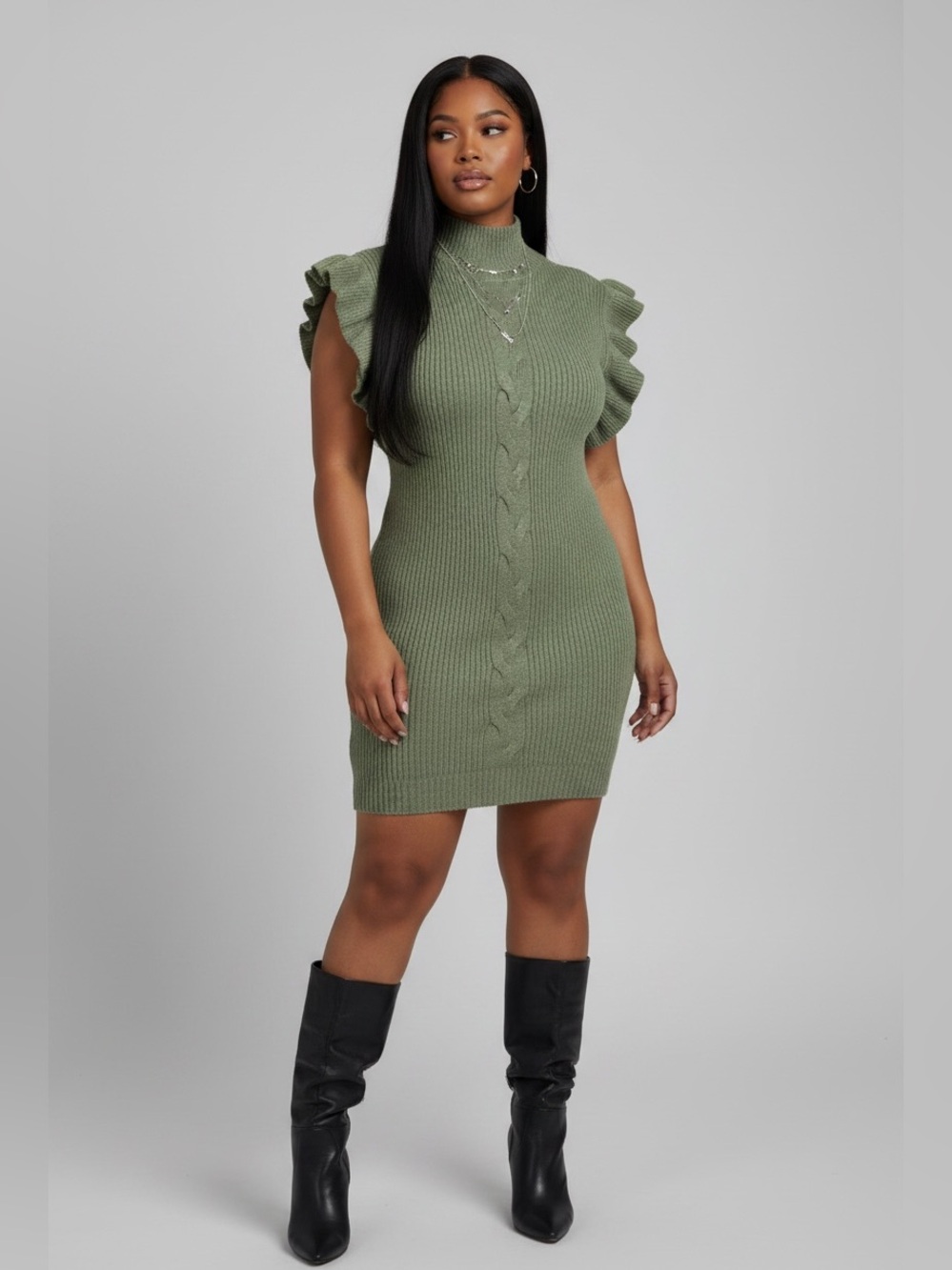 Ribbed Knit Ruffle-Sleeve Sweater Dress in Olive Green